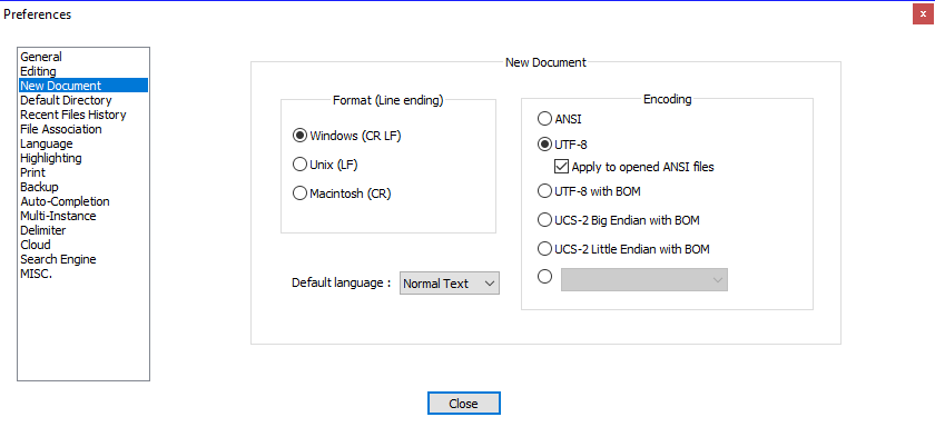 The “New Document” settings menu