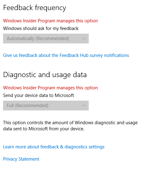 Feedback & Diagnostics screen