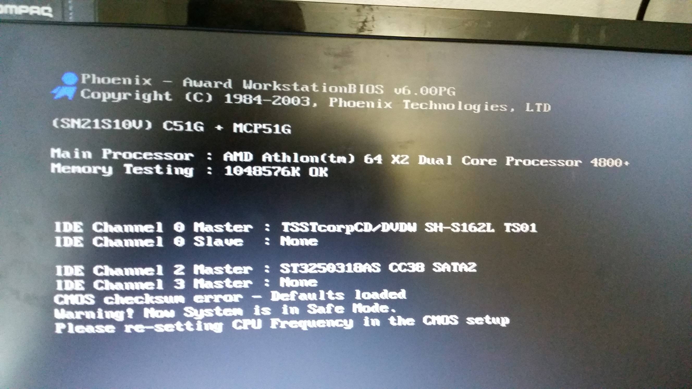 "Warning! Now system is in safe mode. Please re-setting CPU frequency in CMOS setup" black screen error