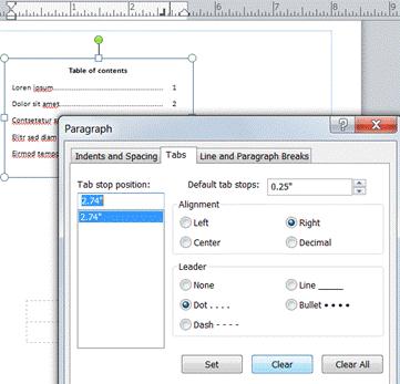 Create a table of contents (TOC) using tab stops and leaders.