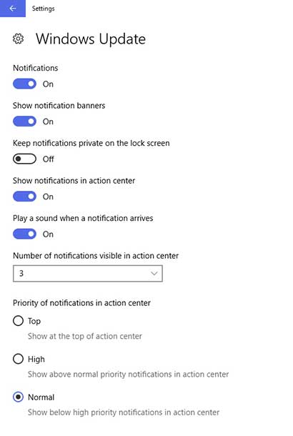 Windows Update notifications options