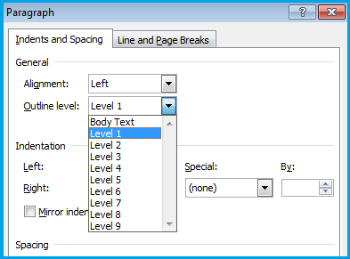 Selecting outline level