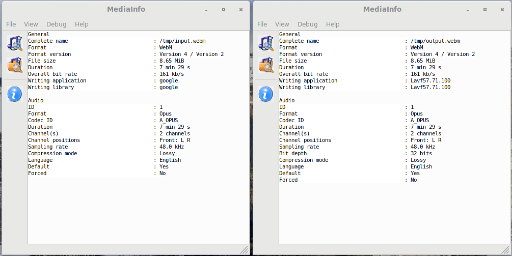 comparison webm input and webm output with mediainfo GUI