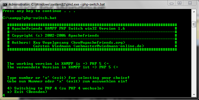 php-switch.bat running in the terminal