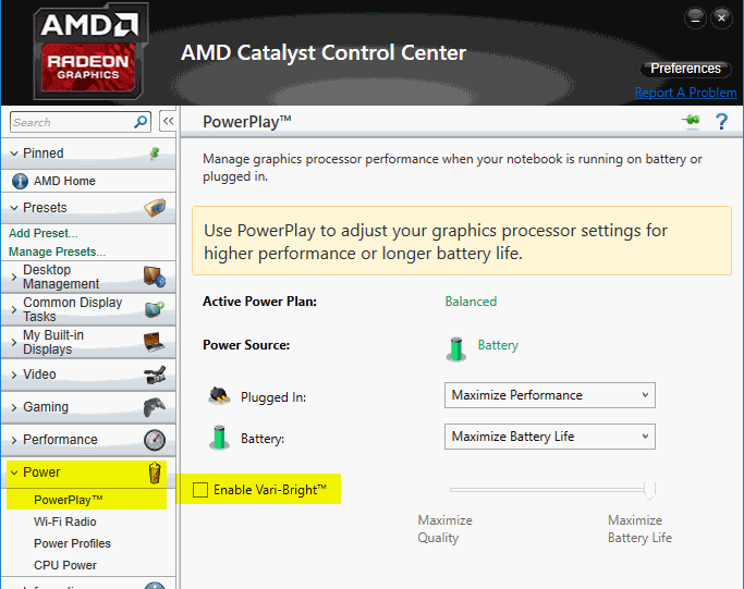 AMD Catalyst Control Center PowerPlay™ Options