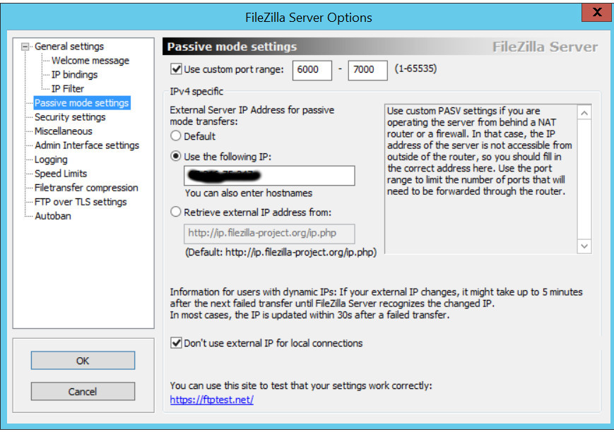 settings page for passive FTP