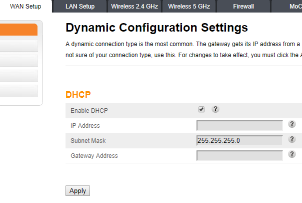 Picture of WAN settings to disable DHCP