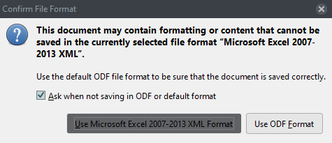 warning when saving as .xlsx