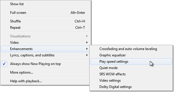 Context Menu of Windows Media PLayer, highlighting the “Play speed settings” item with a mouse pointer