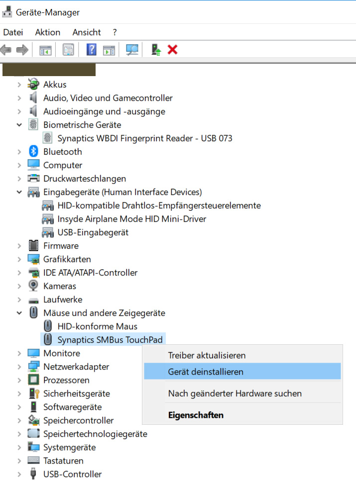 Disabling touchpad via device manager