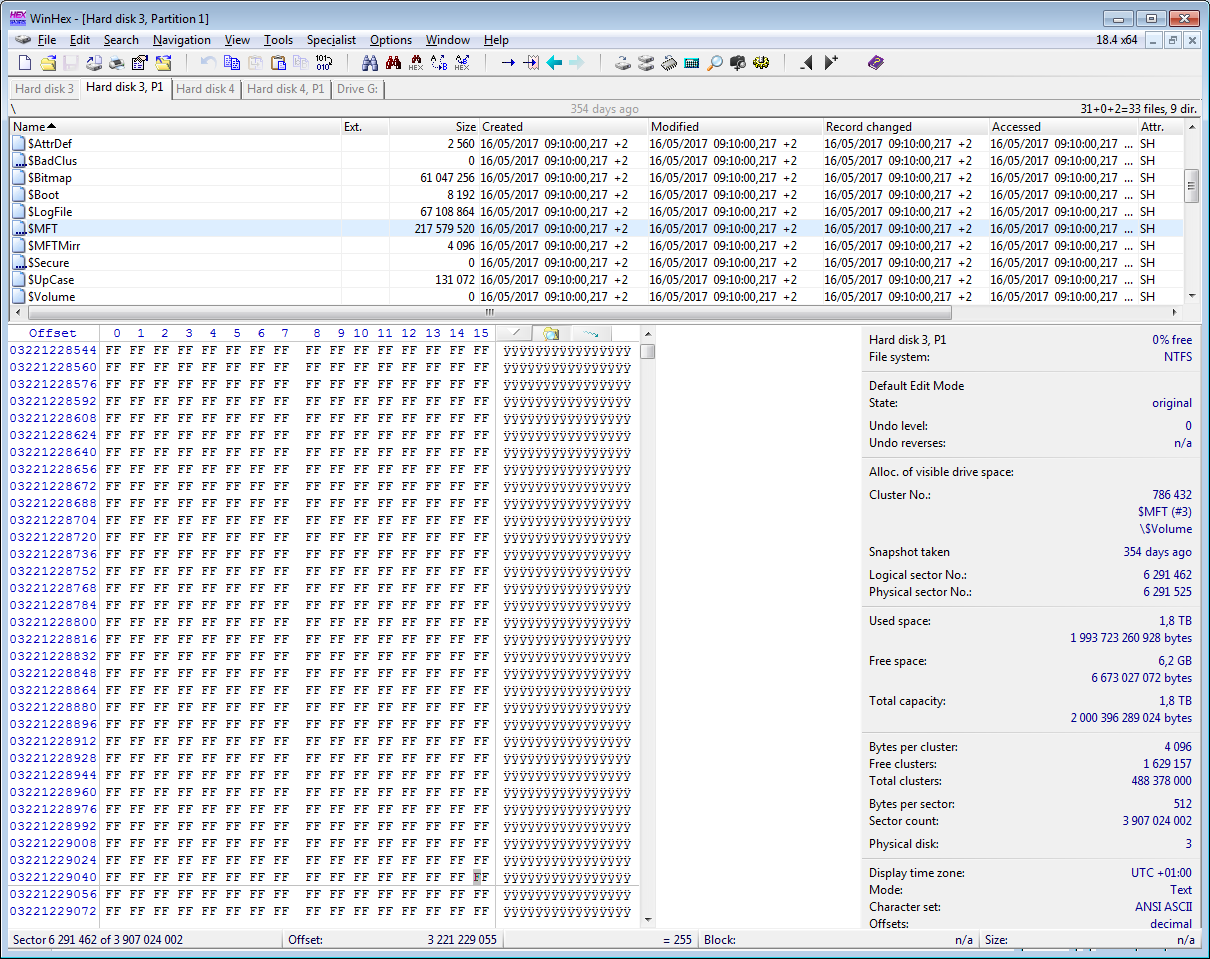 WinHex showing what should be the MFT record of $Volume