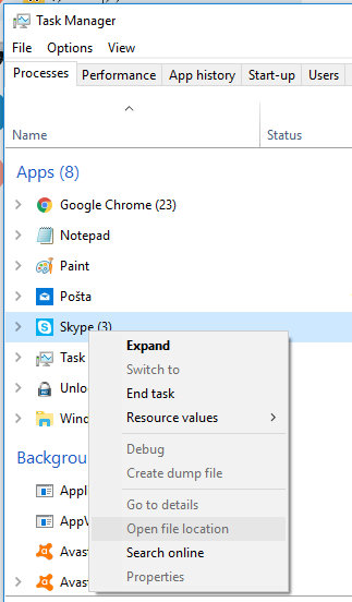 skype process can not open file location, because it is grayed