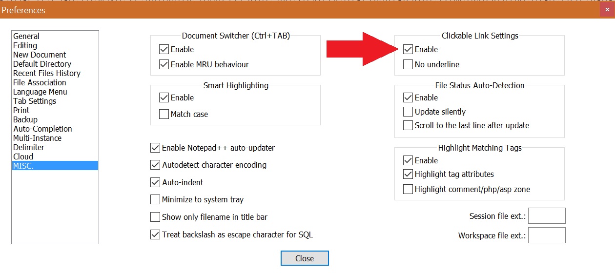 The Notepad++ Clickable Link setting