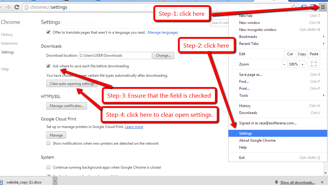 Steps to remove DOC file auto-open settings for Chrome