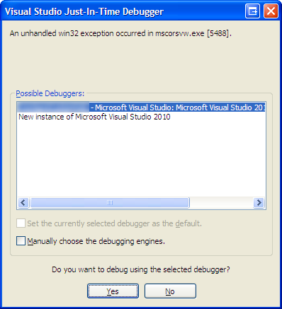 Visual Studio Just-In-Time Debugger: An unhandled win32 exception occurred in mscorsvw.exe ... Do you want to debug using the selected debugger?