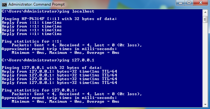 Screenshot of command prompt ping localhost and ping 127.0.0.1