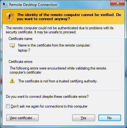 Remote Desktop Connection Certificate prompt