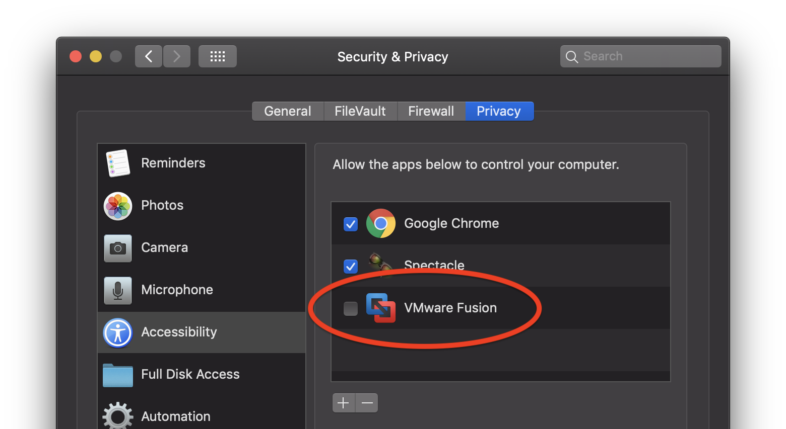 Security and Privacy window on macOS  Privacy  Accessibility