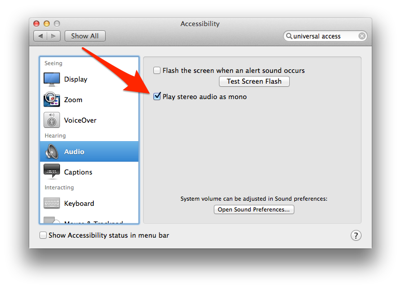 Stereo to mono downmix option under Accessability settings pane on Mac OS X 10.9 Mavericks