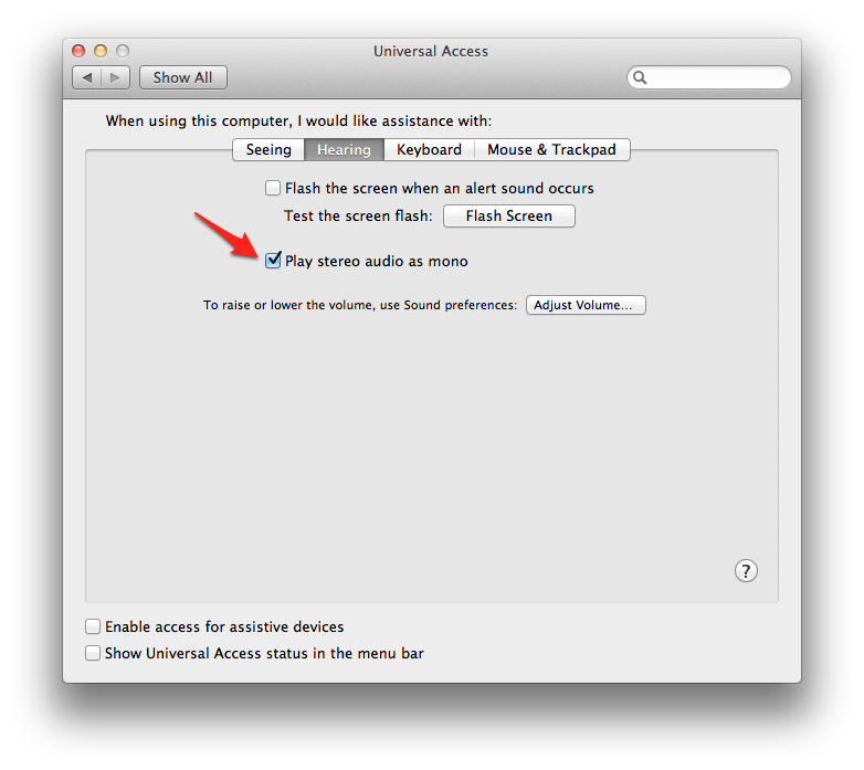 Stereo to mono downmix under Universal Access options on Max OS X 10.8