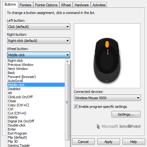 Wireless 5000 mouse configuration dialog