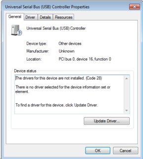 USB Device Properties Window, No Drivers installed