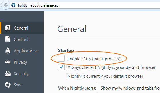 'General' tab of Firefox (Nightly) preferences window, showing the 'Enable E10S' checkbox