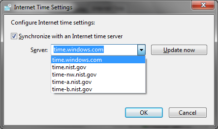 Internet Time Settings dialog, with option to select time server