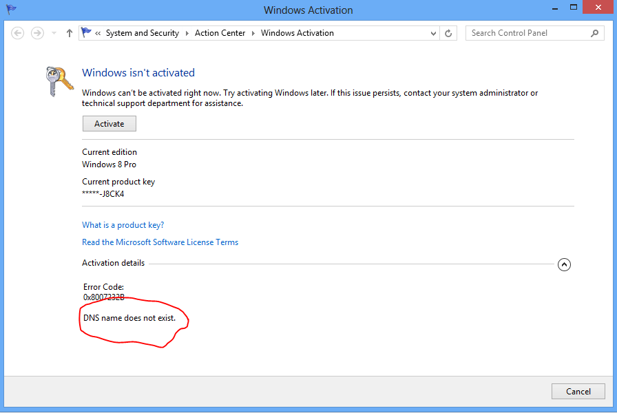 Windows 8 Activation Error