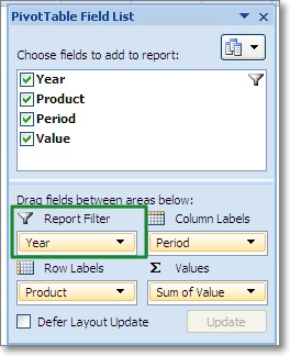 pivot table report filter