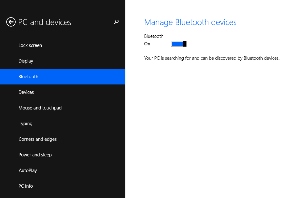 Screenshot with Windows 8.1 RTM Bluetooth settings
