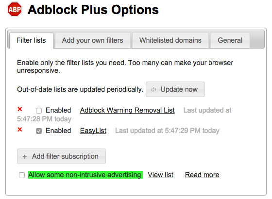 Screen shot of Adblock Plus Options