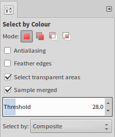 <codeSelect by Colour</code: This time around, do select <codeFill transparent areas</code as well as <codeSample merged</code. Again, run a few tries while adjusting <codeThreshold</code and experiment with <codeAntialiasing</code and <codeFeather edges</code for best results. In between, hit <code[Ctrl]+[Z]</code to undo.
