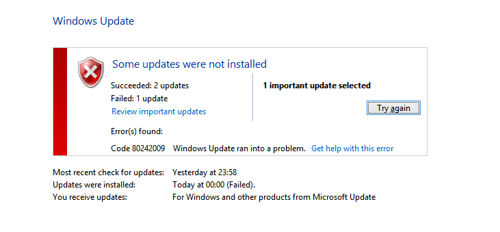Windows update failed. Import updater
