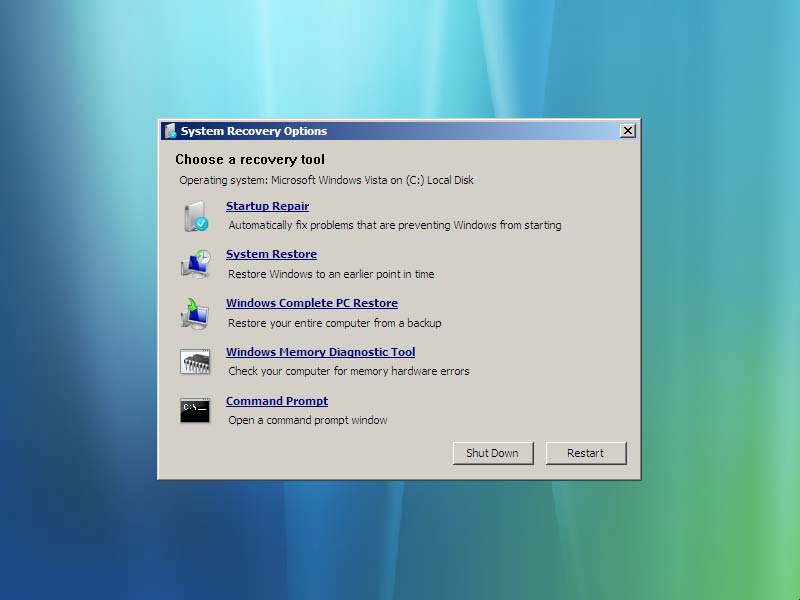 Screenshot of System Recovery Options screen