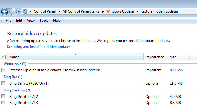Screenshot of hidden Windows updates
