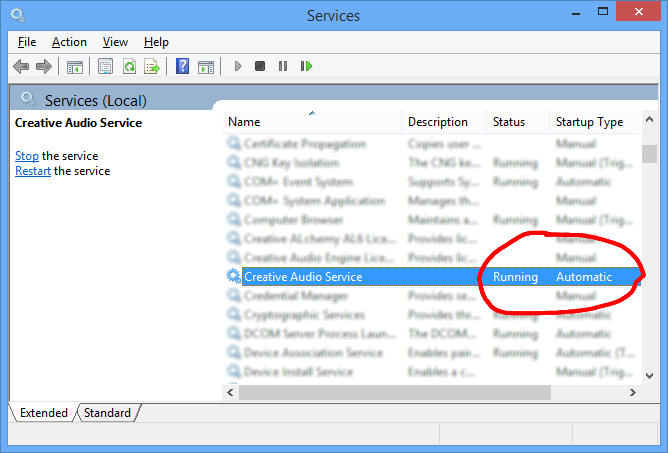 Services window showing Creative Audio Service running and with Automatic startup