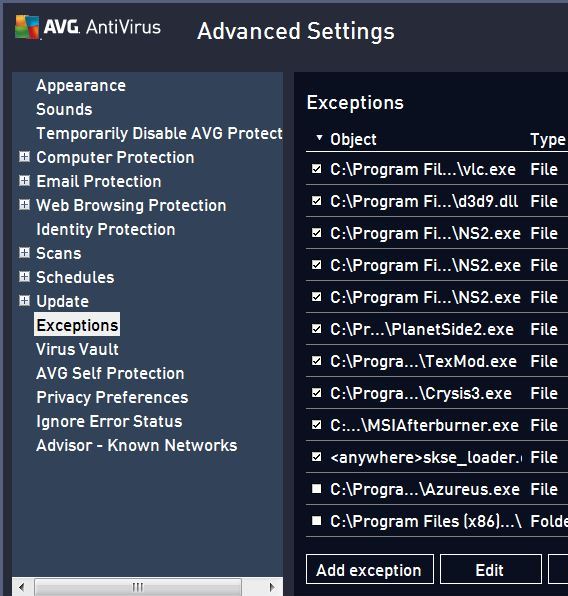AVG’s Exceptions dialog
