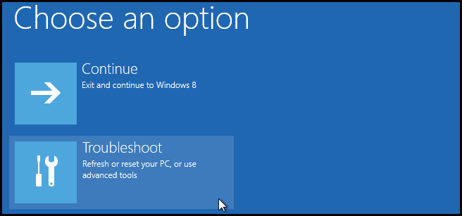 Startup menu, showing "Troubleshoot" as an option