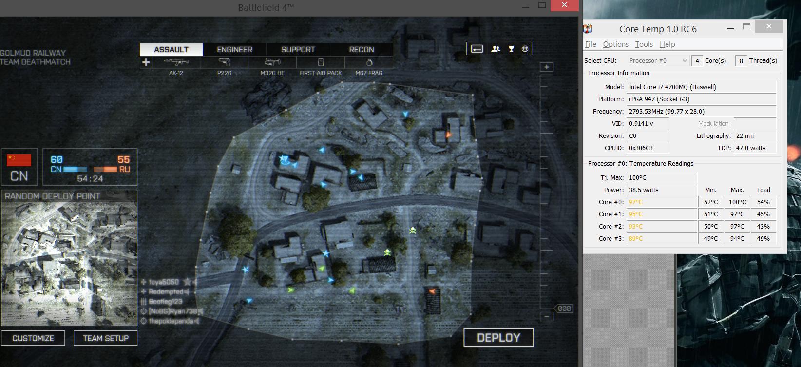 Screenshot of Battlefield 4 and temperatures showing around 95 degrees celsius for each core.