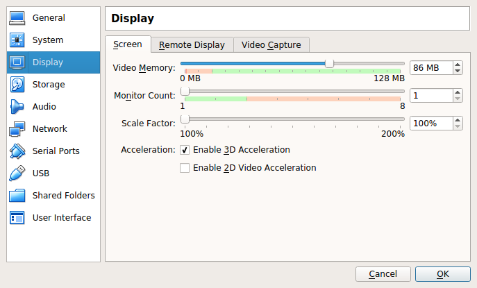 VirtualBox “Settings”  window, “Display” panel