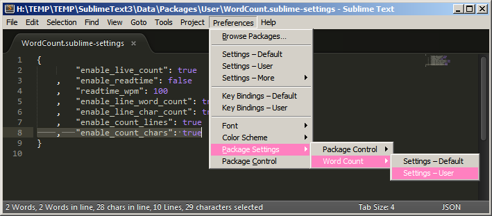 Screenshot of Word Count settings in SublimeText