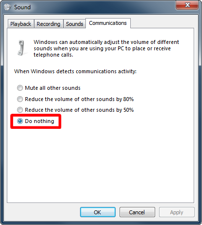 Communications tab of Sound dialog in Windows 7