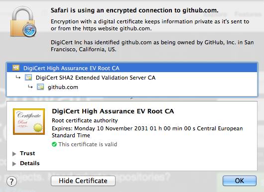 Certificate chain in Safari on a new OS X account