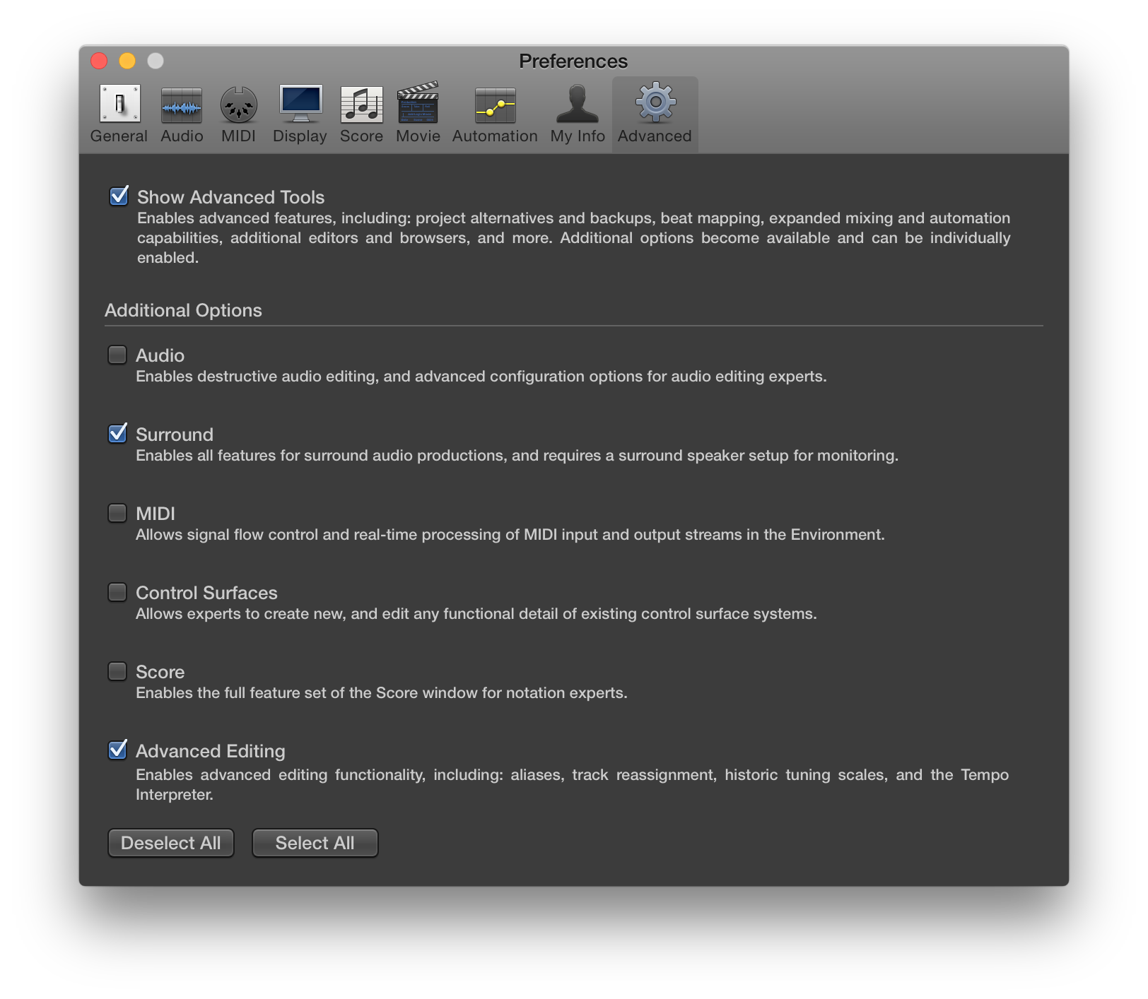 Logic Pro X's Advanced Settings panel, with Surround enabled