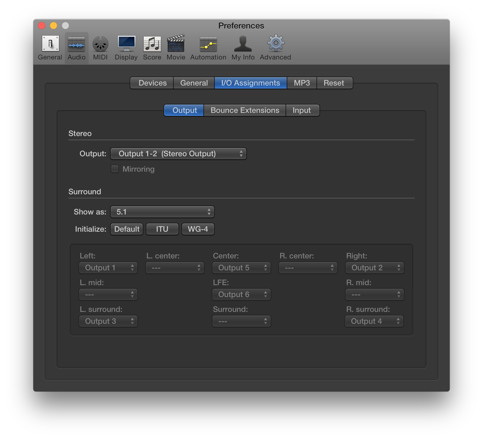 Logic Pro X's I/O Assignments panel, configured to display Surround output as 5.1 using WG-4 channel assignments