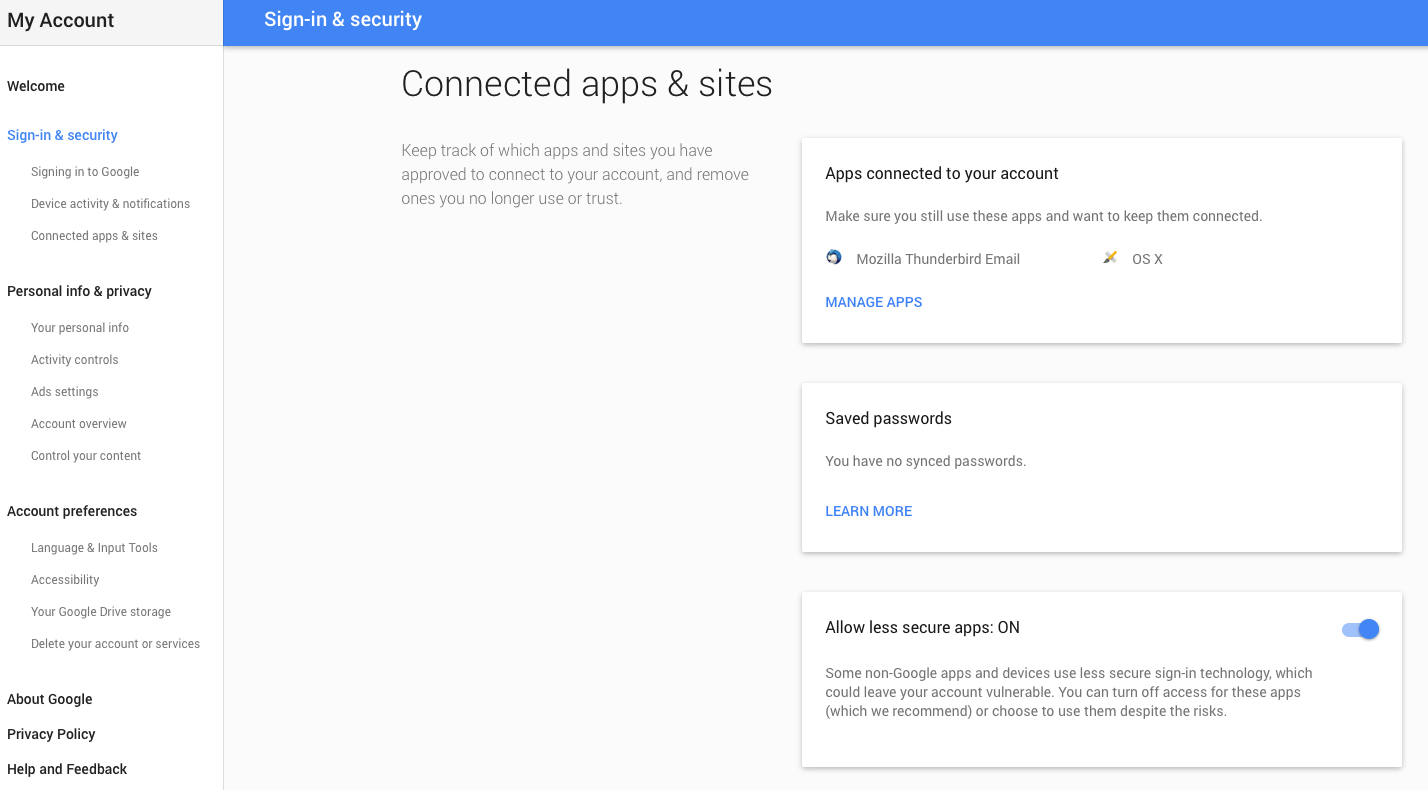screenshot of Google Accounts Sign in and Security, connected apps and sites pane